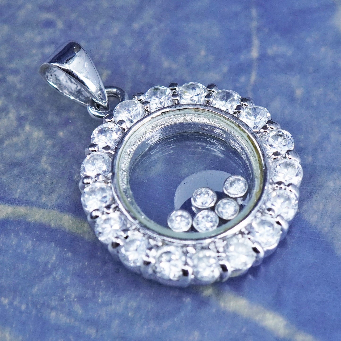 vintage Sterling 925 silver handmade circle pendant with dancing cz