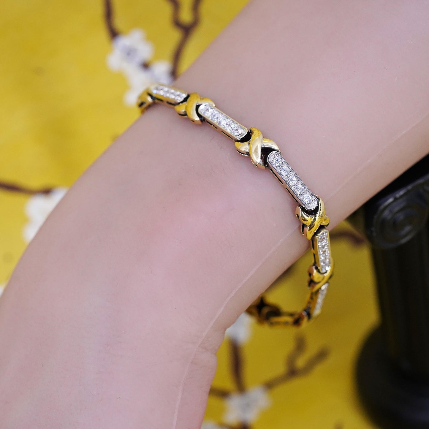 7.25”, vermeil gold over Sterling 925 silver tennis bracelet with cluster cz