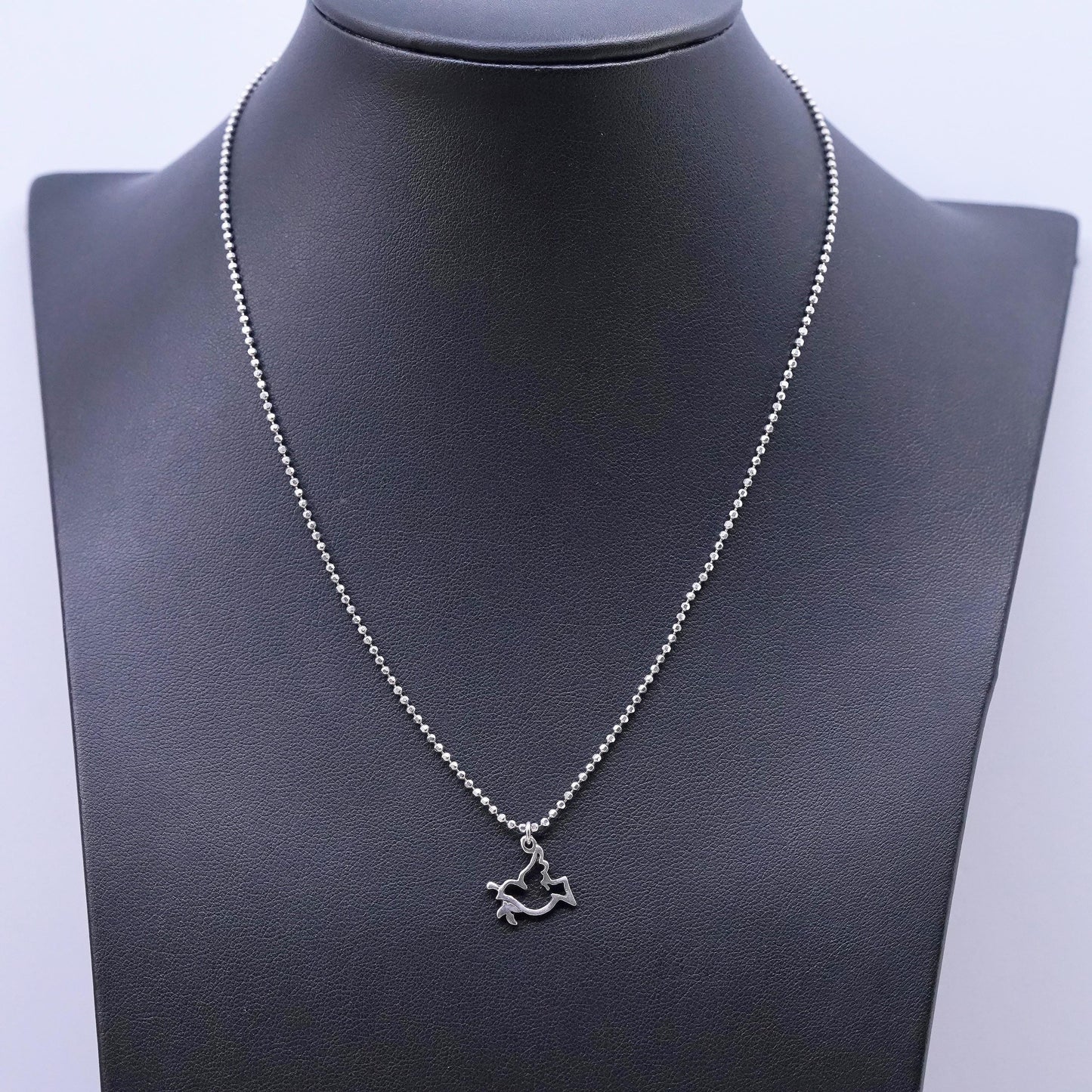 16", vintage Sterling silver necklace, 925 bead chain peace bird dove pendant