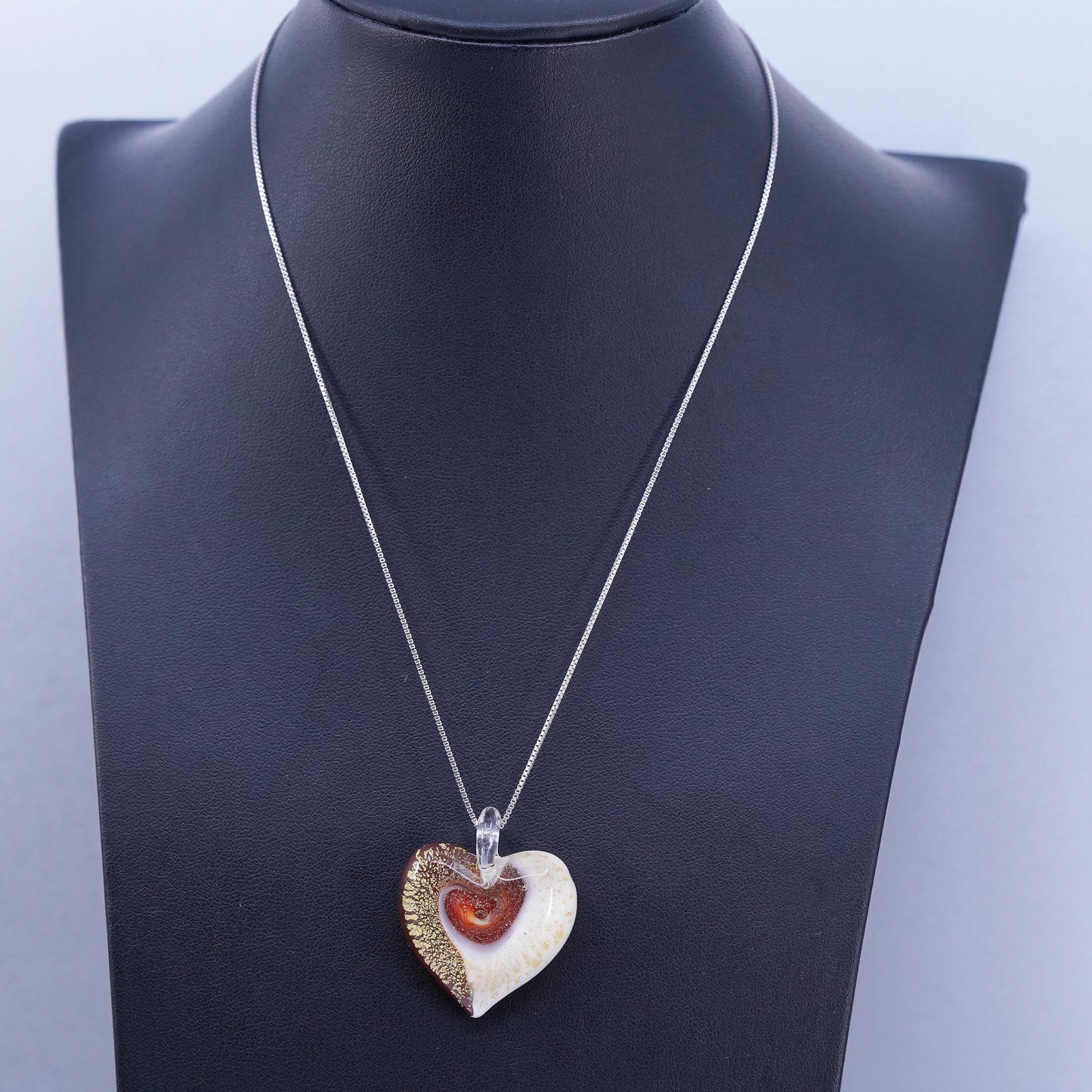 16”, vintage Sterling 925 silver box chain necklace foiled glass heart pendant
