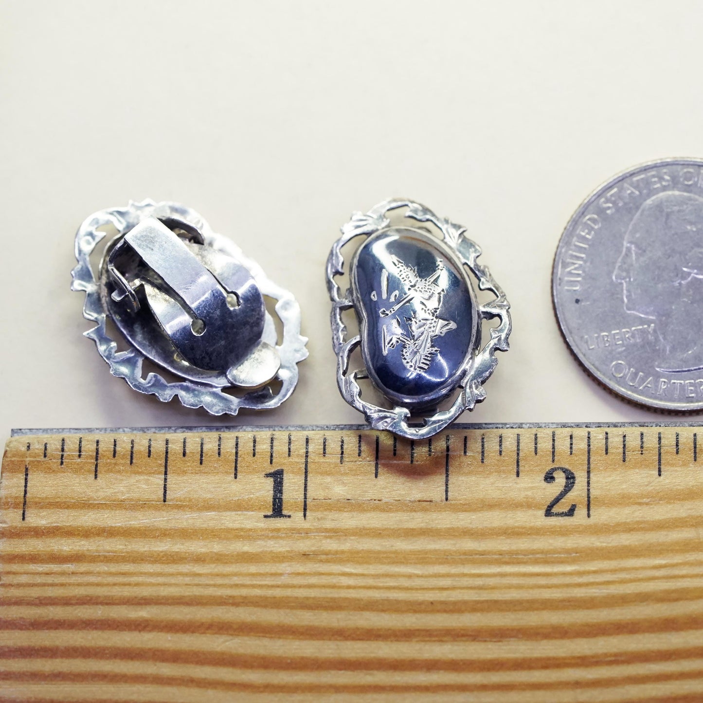 Vintage Sterling silver handmade earrings, oxidized 925 clip on Indian goddess