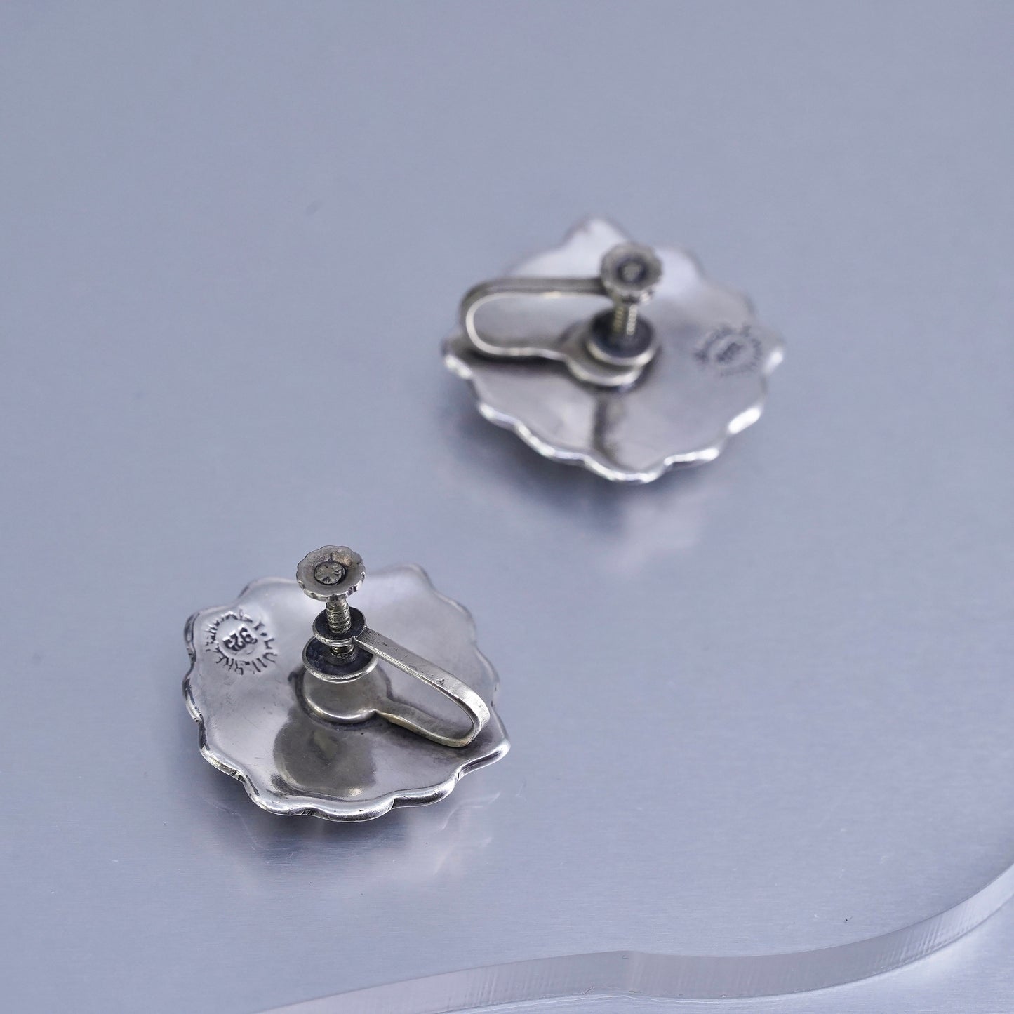 Vintage Mexican Sterling 925 silver handmade earrings, floral screw back