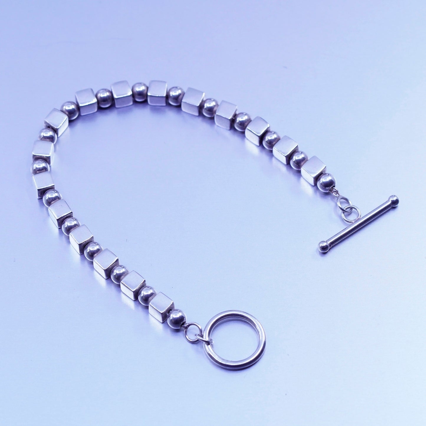 7”, Vintage Sterling 925 silver handmade bracelet, chain with cube beads
