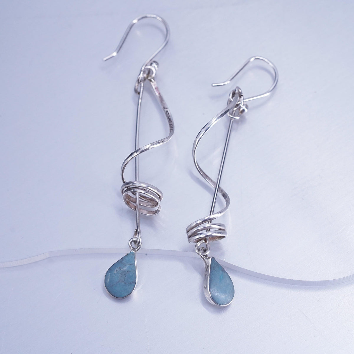 Vintage Mexican sterling 925 silver handmade spiral earrings teardrop turquoise
