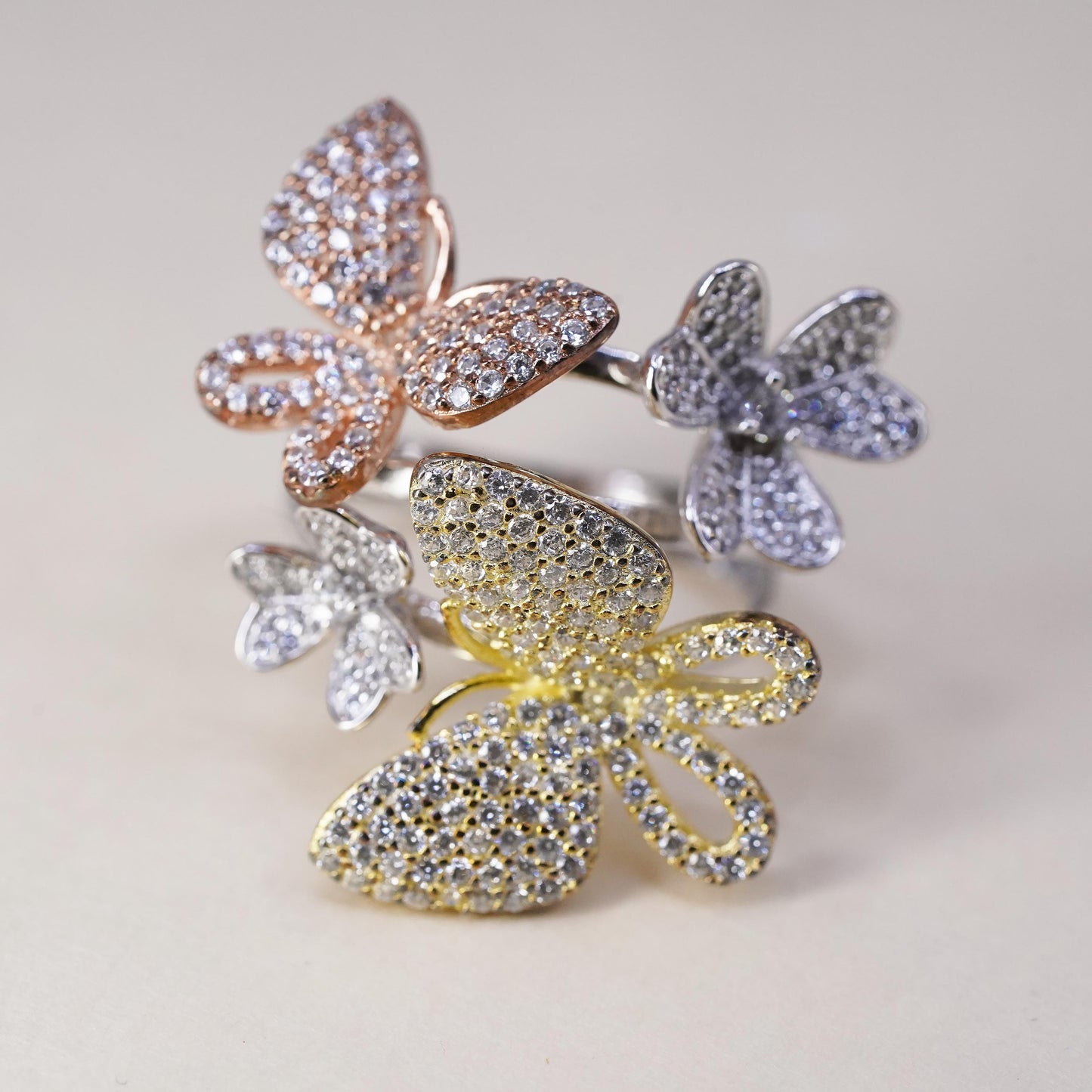 Size 9, Vintage sterling silver handmade statement butterfly ring cluster cz