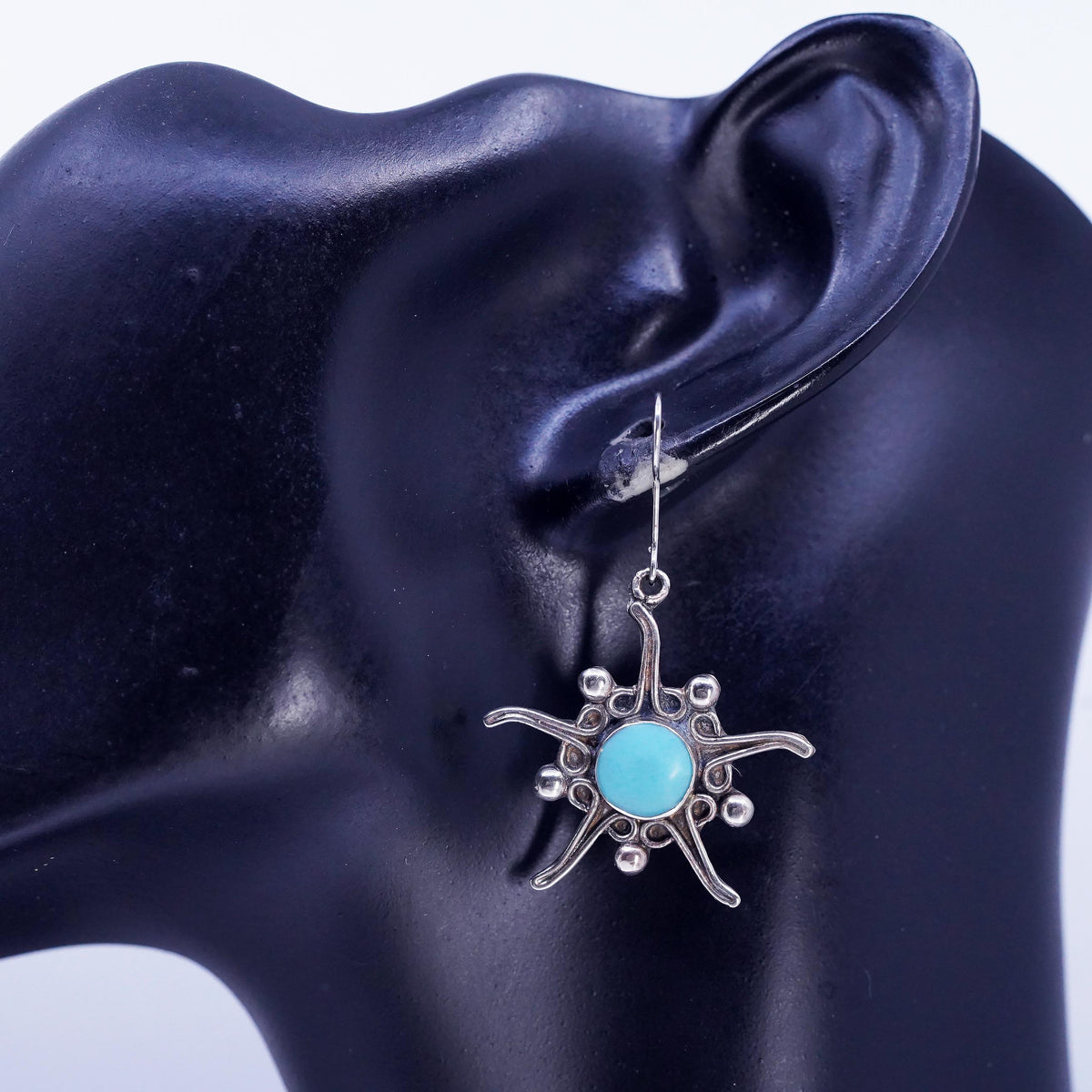 Vintage handmade Sterling 925 Silver earrings, Turquoise Sun dangles