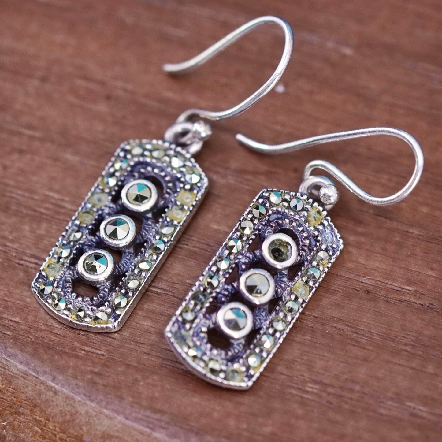 sterling silver handmade earrings, 925 rectangular dangles w/ marcasite inlay