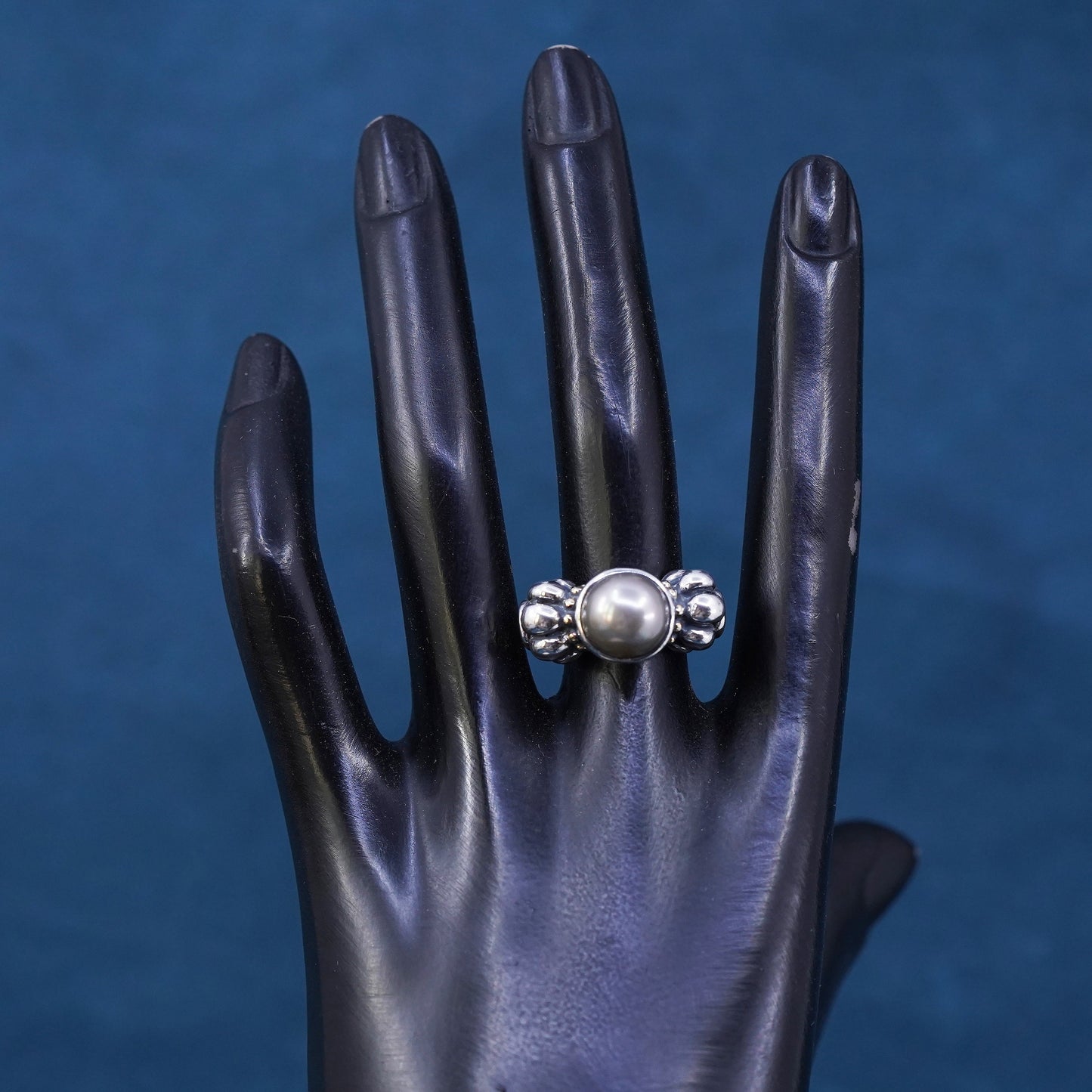 Size 7, vintage Israel Sterling silver handmade beaded ring with pearl