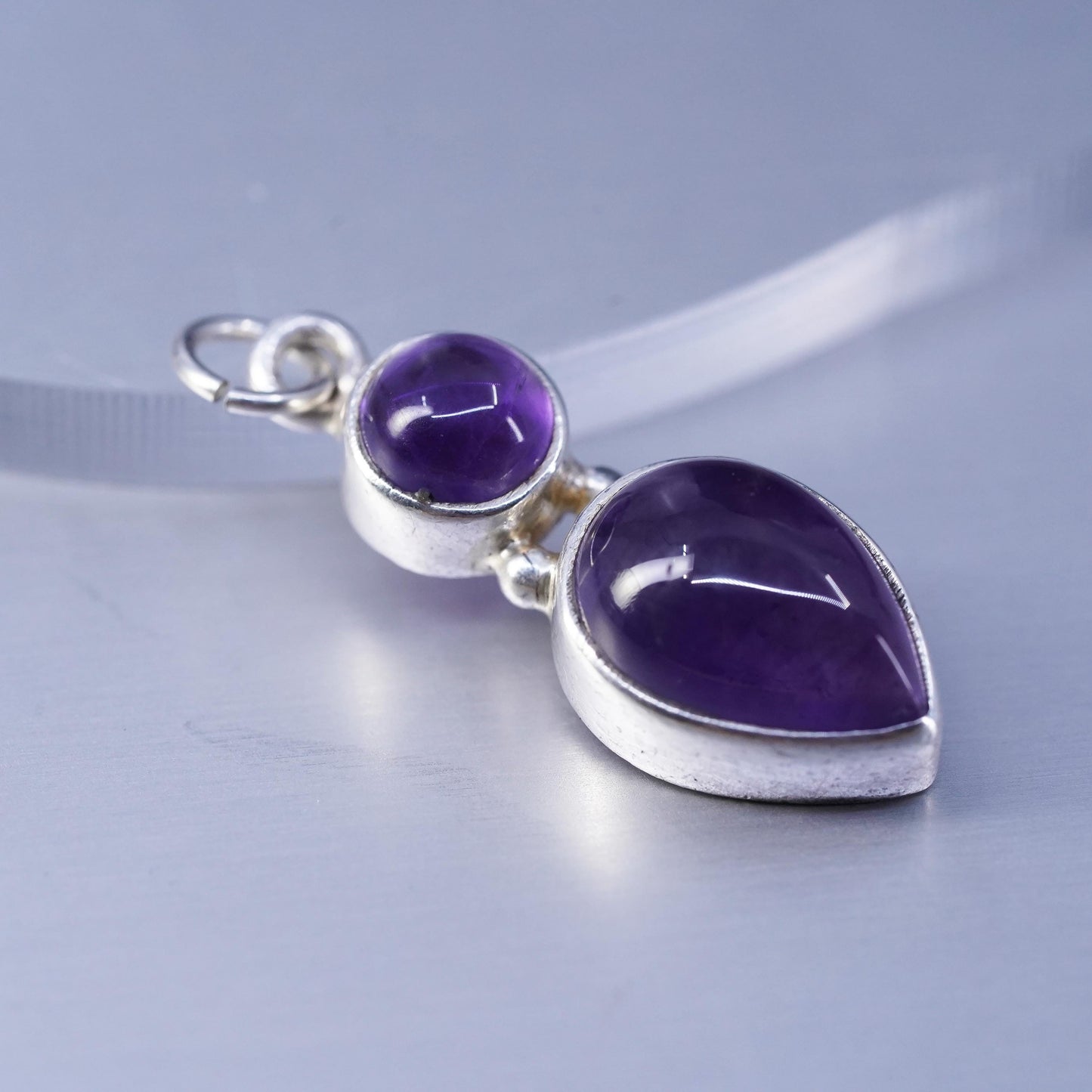 Vintage sterling 925 silver handmade charm pendant with teardrop amethyst