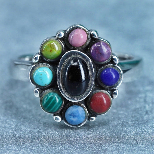 Size 5, southwestern vintage 925 silver handmade floral ring colorful gemstones