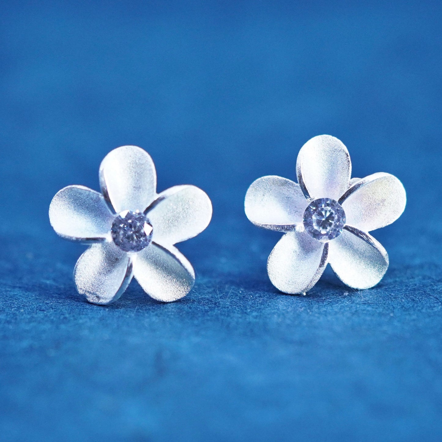 Vintage Sterling silver handmade earrings, 925 plumeria flower studs with cz