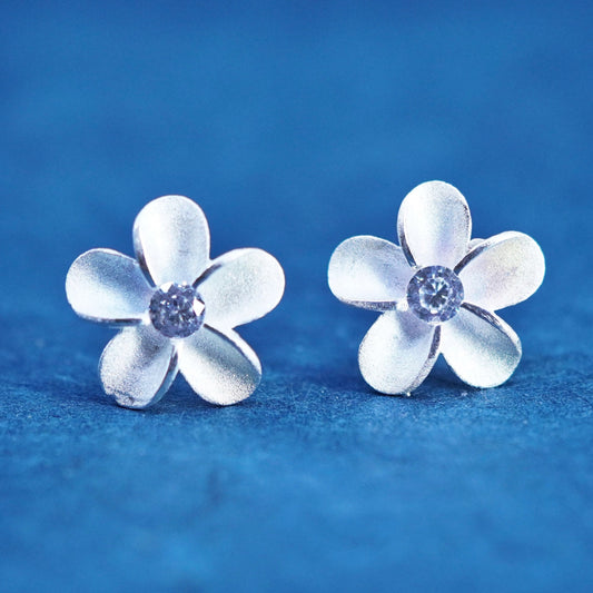 Vintage Sterling silver handmade earrings, 925 plumeria flower studs with cz