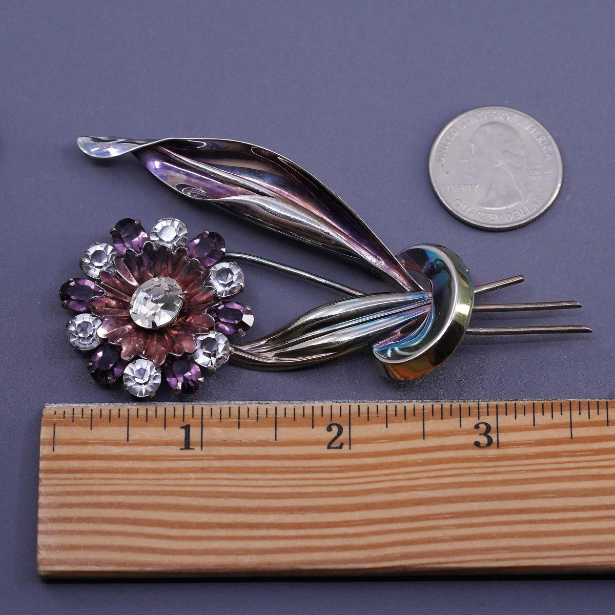 Sterling 925 Silver Crystal Rhinestone Flower Brooch Large Floral Bouquet Pin