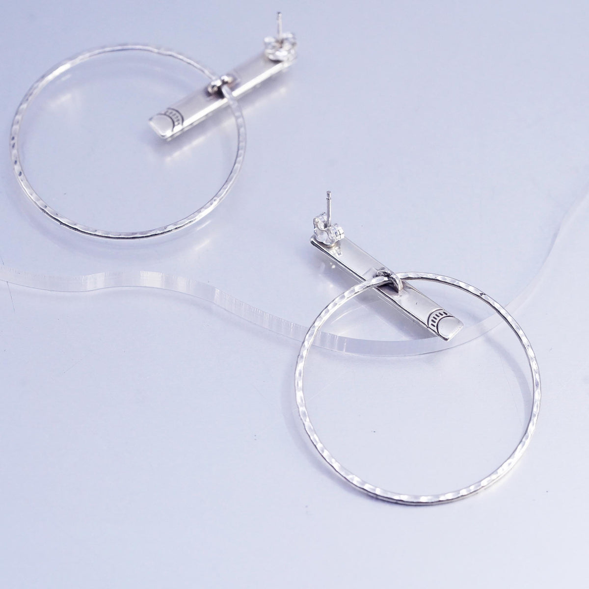 1.75", vintage Sterling silver handmade earrings, textured 925 hoop dangles