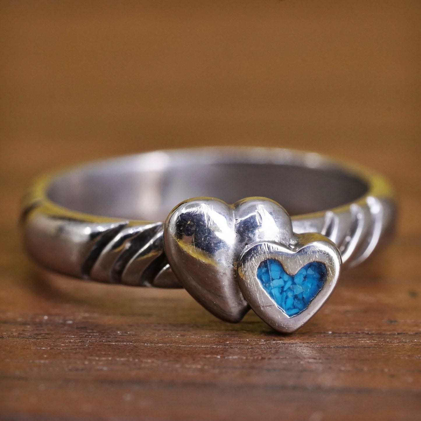 Size 3, vintage Sterling silver handmade ring, mexico 925 heart band turquoise