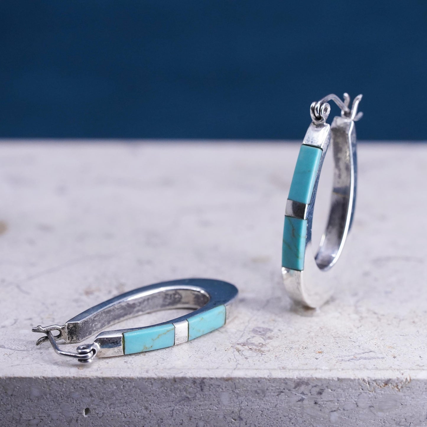 1.25", Mexican southwestern Sterling silver hoop earrings, 925 huggie turquoise