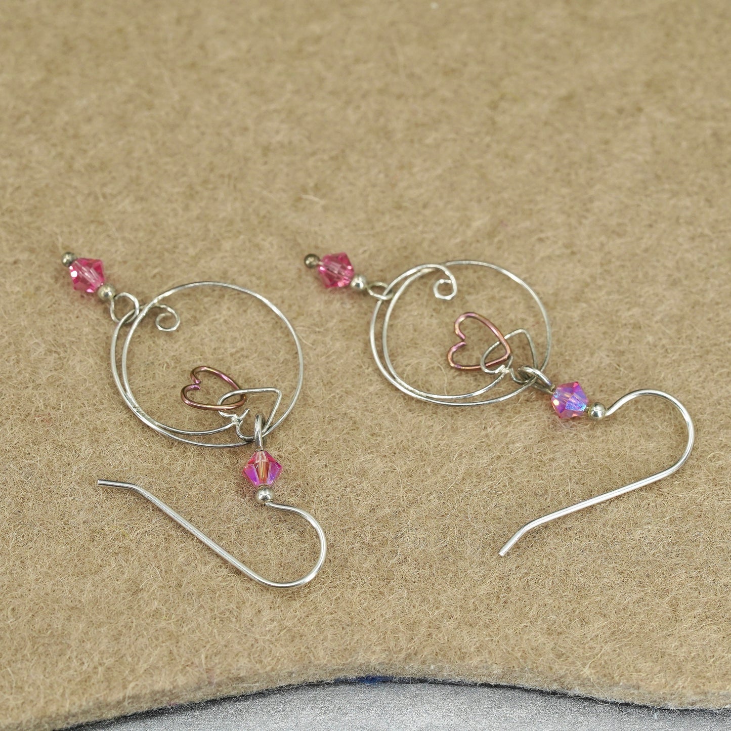 Vintage Sterling 925 silver handmade circle earrings with pink crystal