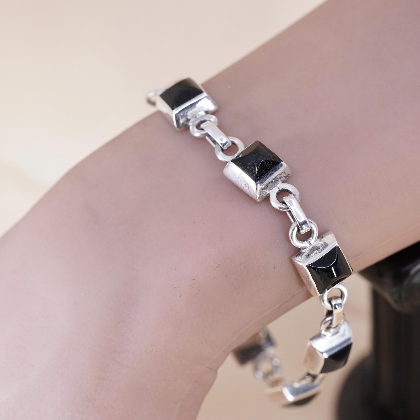 7.75", Vintage Mexican Sterling Silver Black Onyx Bracelet, Square Onyx chain