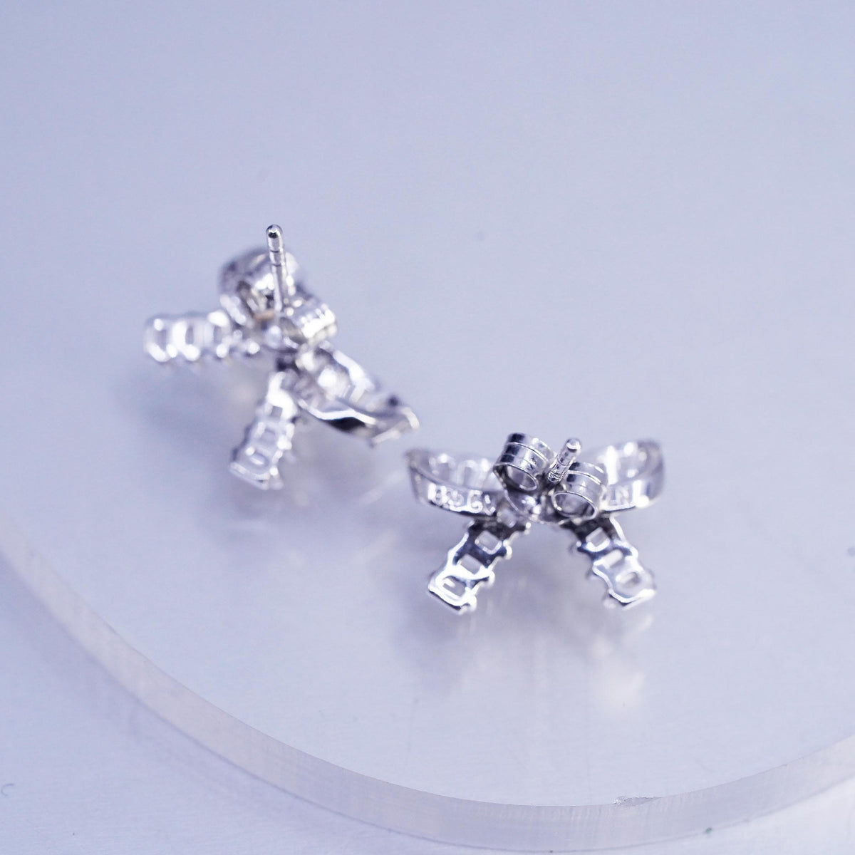 Vintage Sterling 925 silver handmade earrings, ribbon bow tie studs cluster Cz