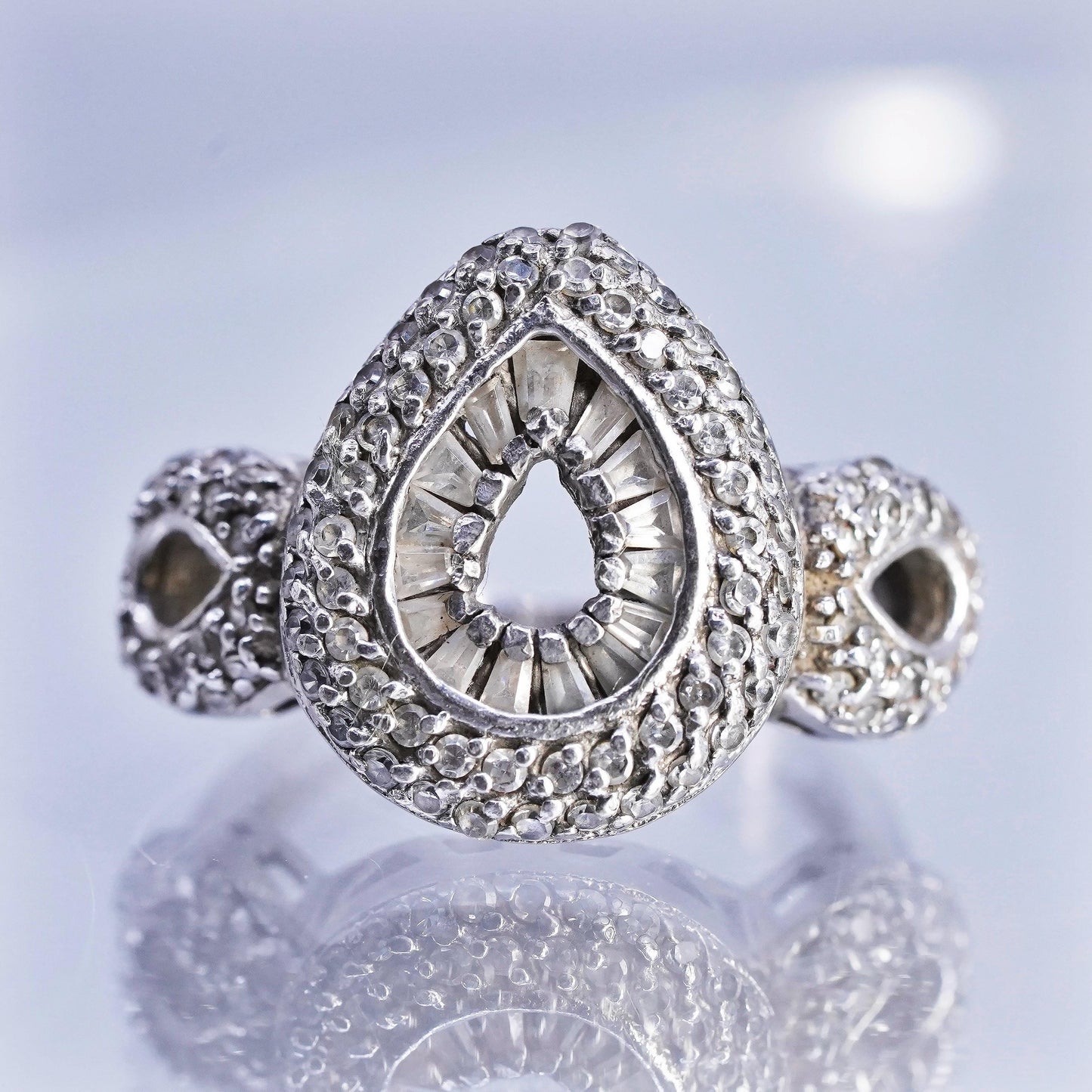 Size 8, vintage Sterling 925 silver teardrop ring cluster genuine diamonds