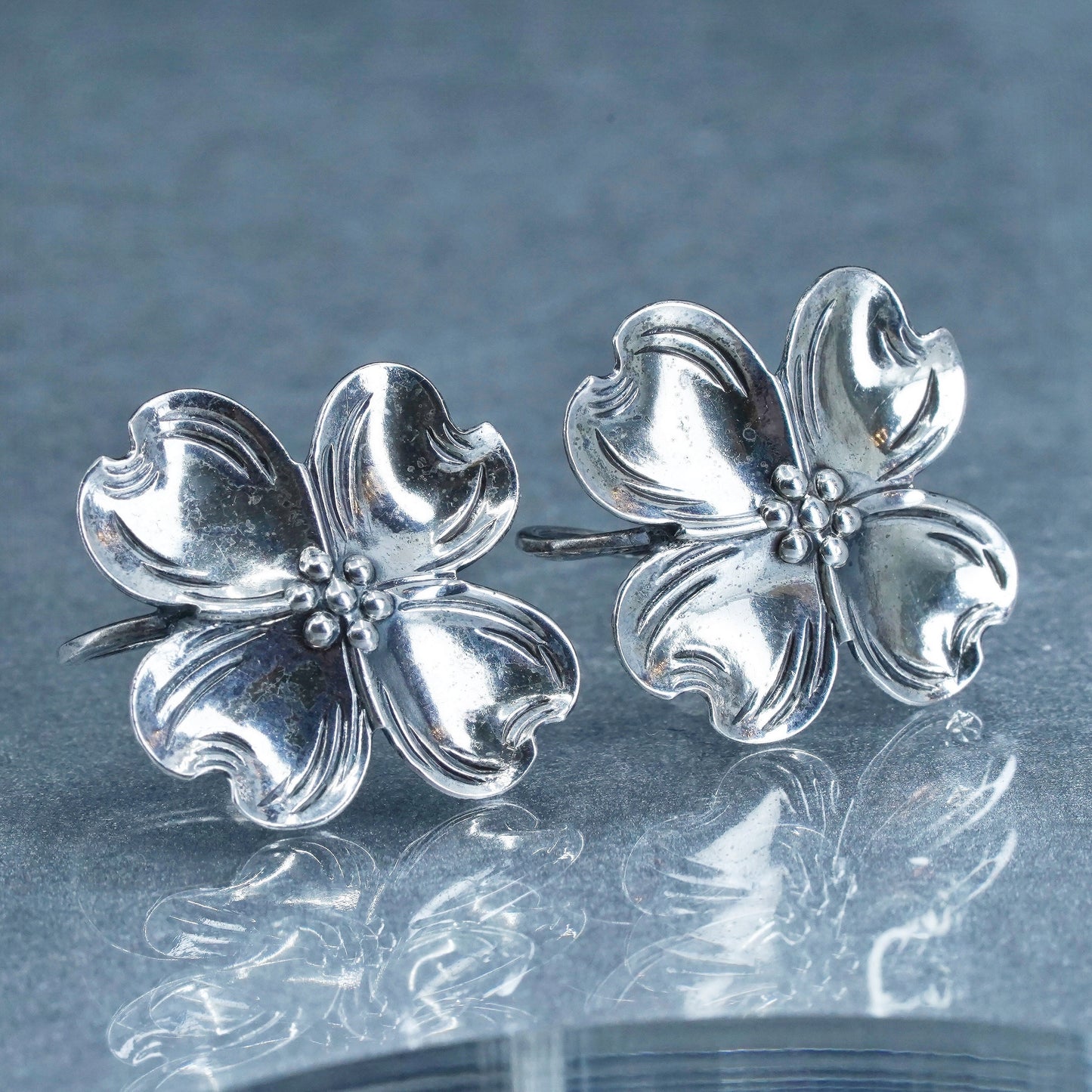 Vintage NYE Sterling 925 silver handmade earrings, screw back dogwood flower