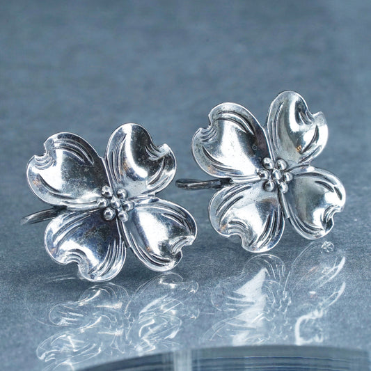 Vintage NYE Sterling 925 silver handmade earrings, screw back dogwood flower