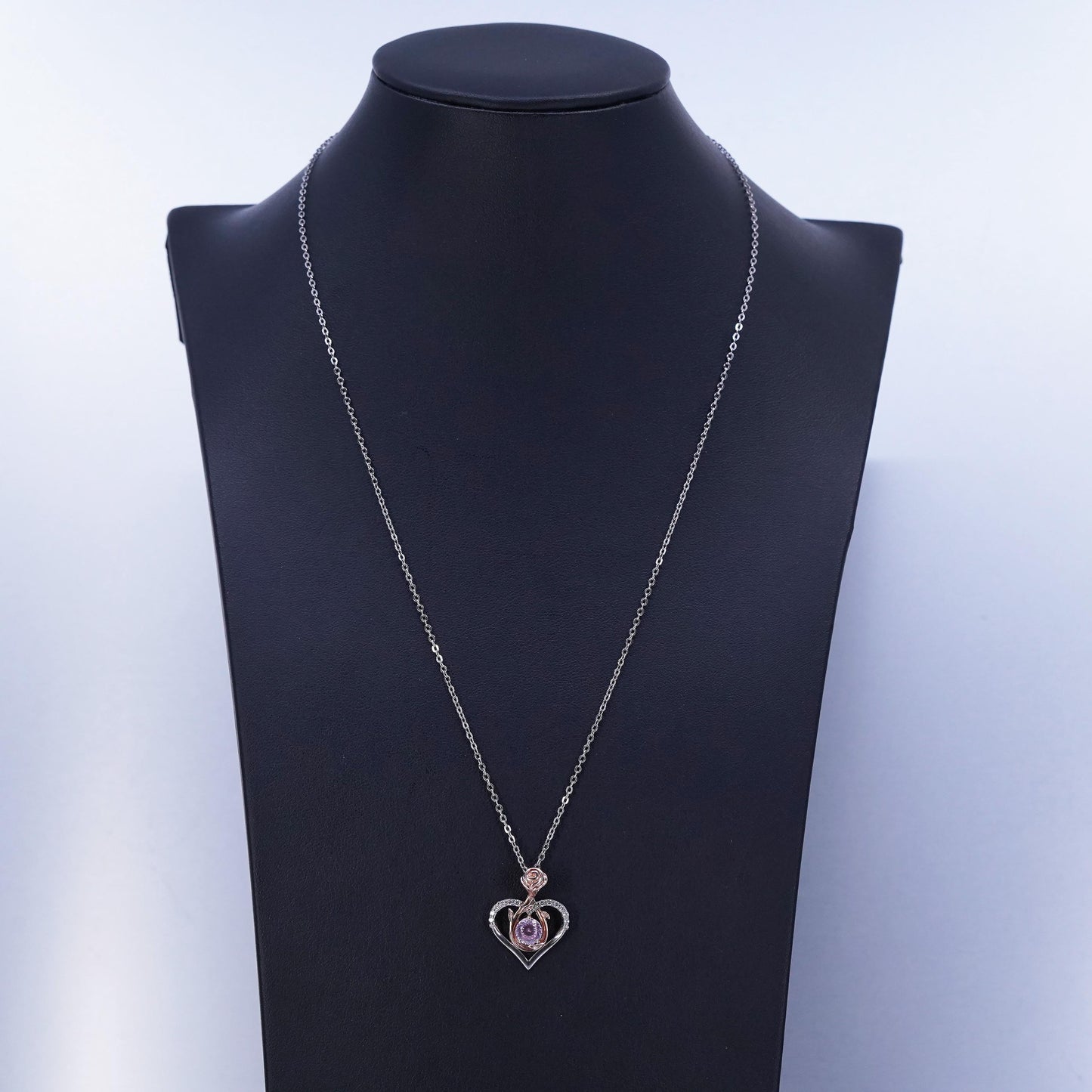 18+2”, two tone Sterling 925 silver flatten circle necklace cz heart pendant
