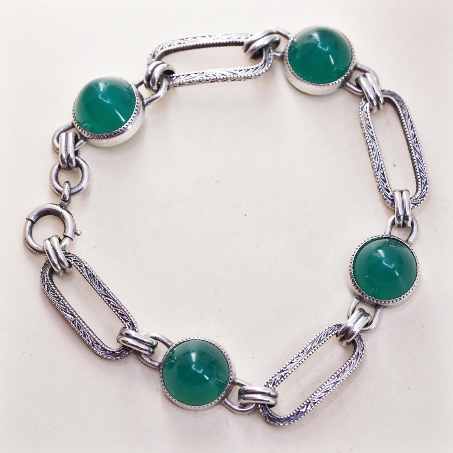 7.5”, vintage sterling 925 silver handmade textured long oval bracelet jade