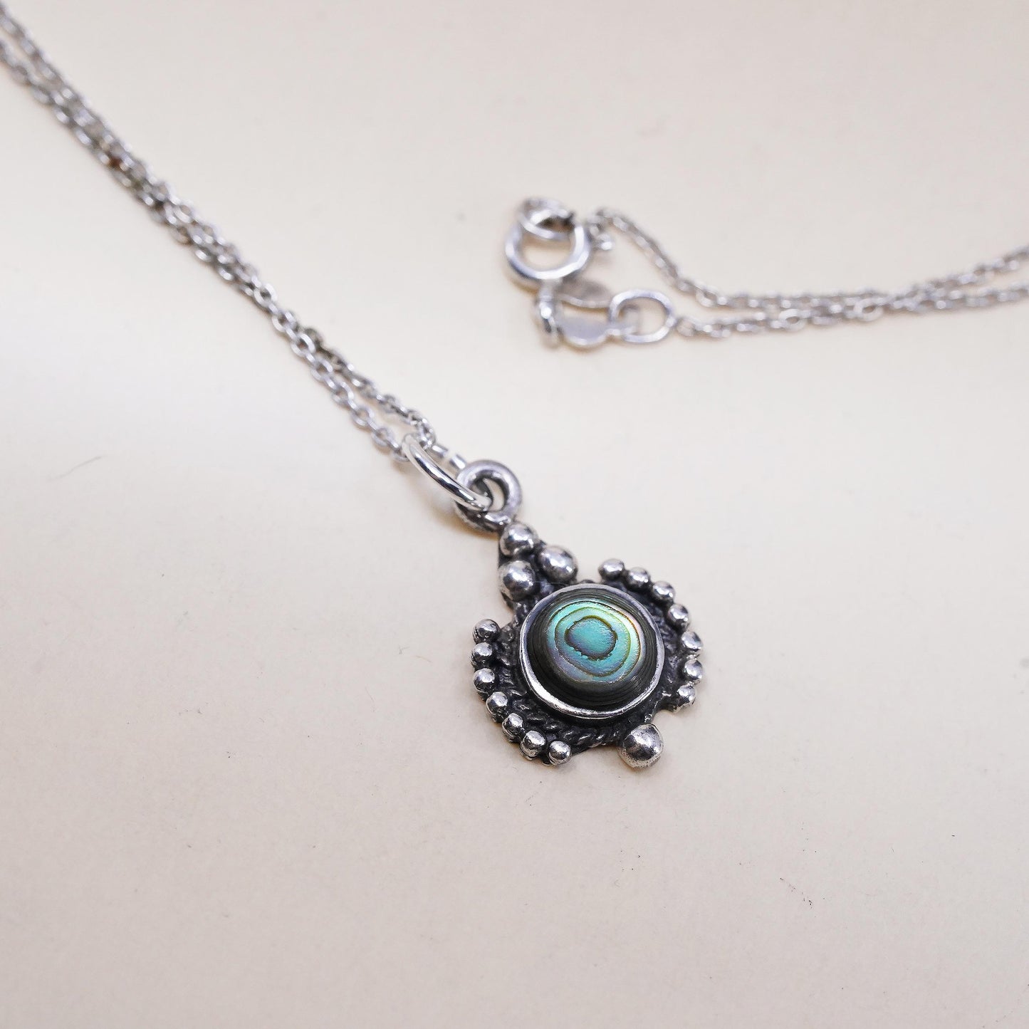 18” sterling 925 silver handmade circle chain with abalone inlay beaded pendant