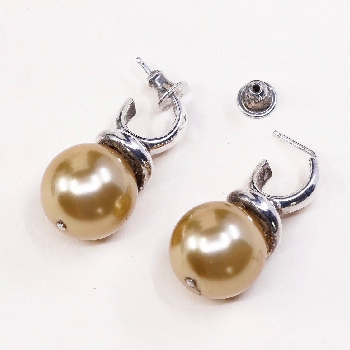 vtg sterling silver freshwater gold pearl earrings, italy 925 huggie earrings