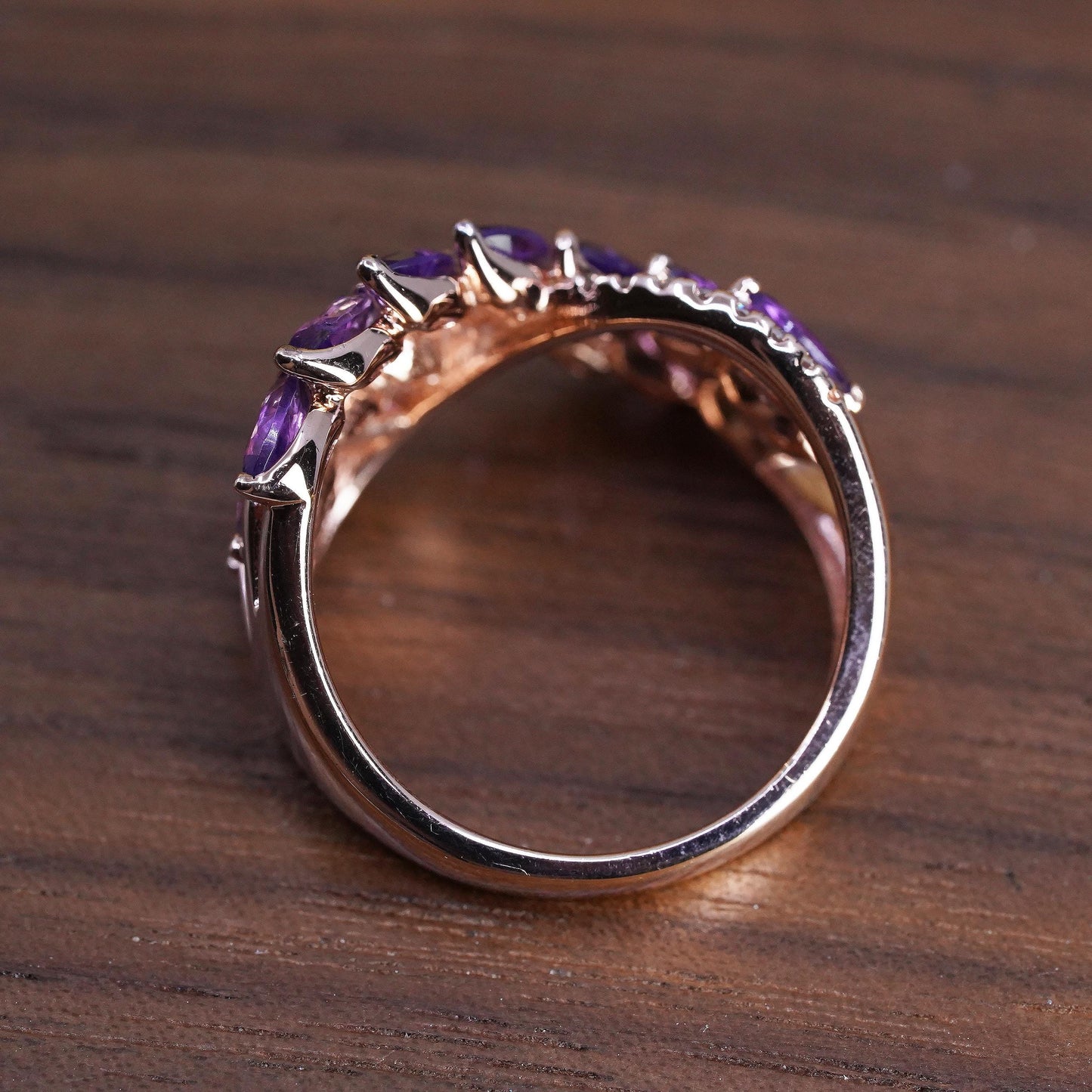 Size 7.25, PM vermeil rose gold over Sterling 925 silver ring amethyst diamonds