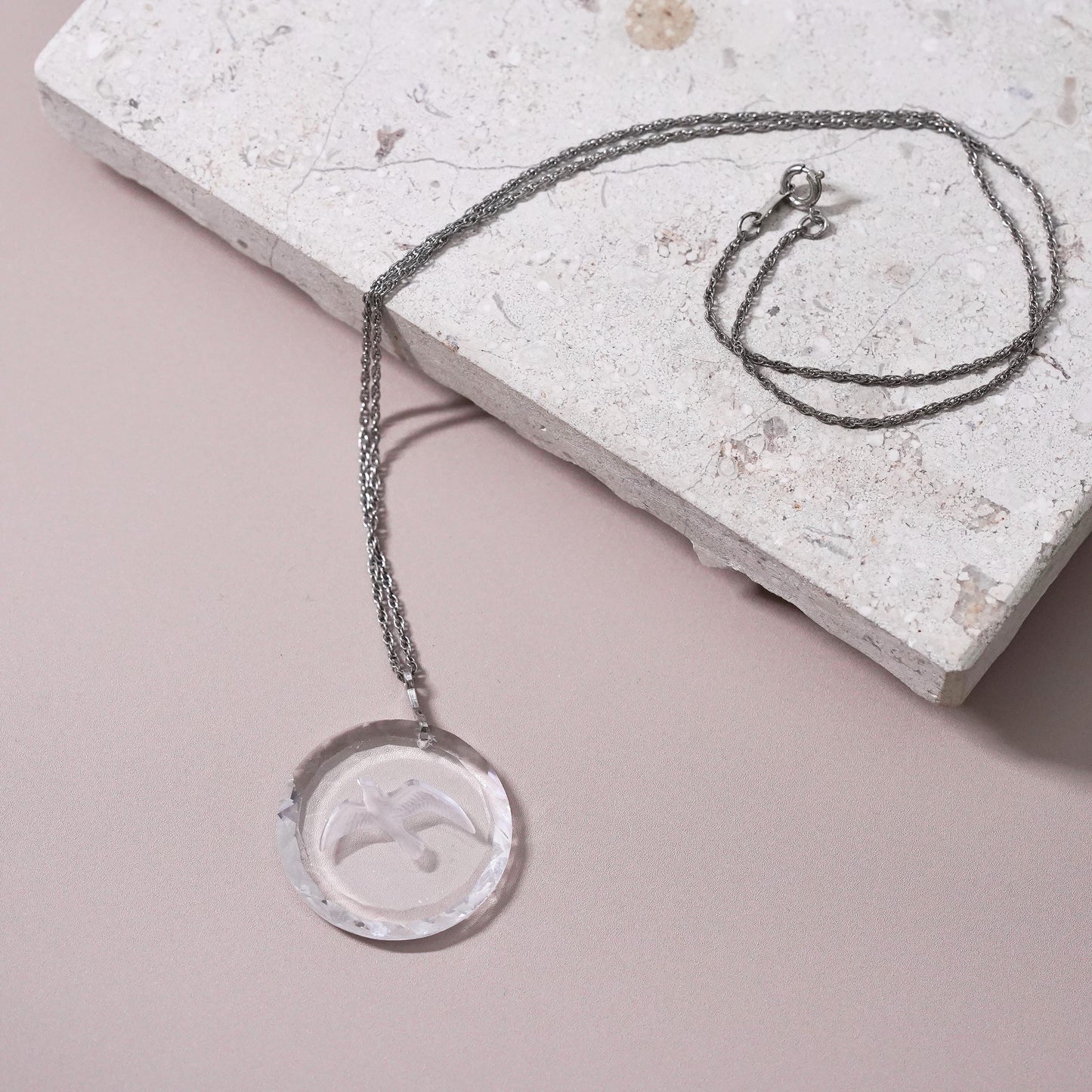 20”, Sterling silver necklace, 925 Singapore rope relief glass bird pendant