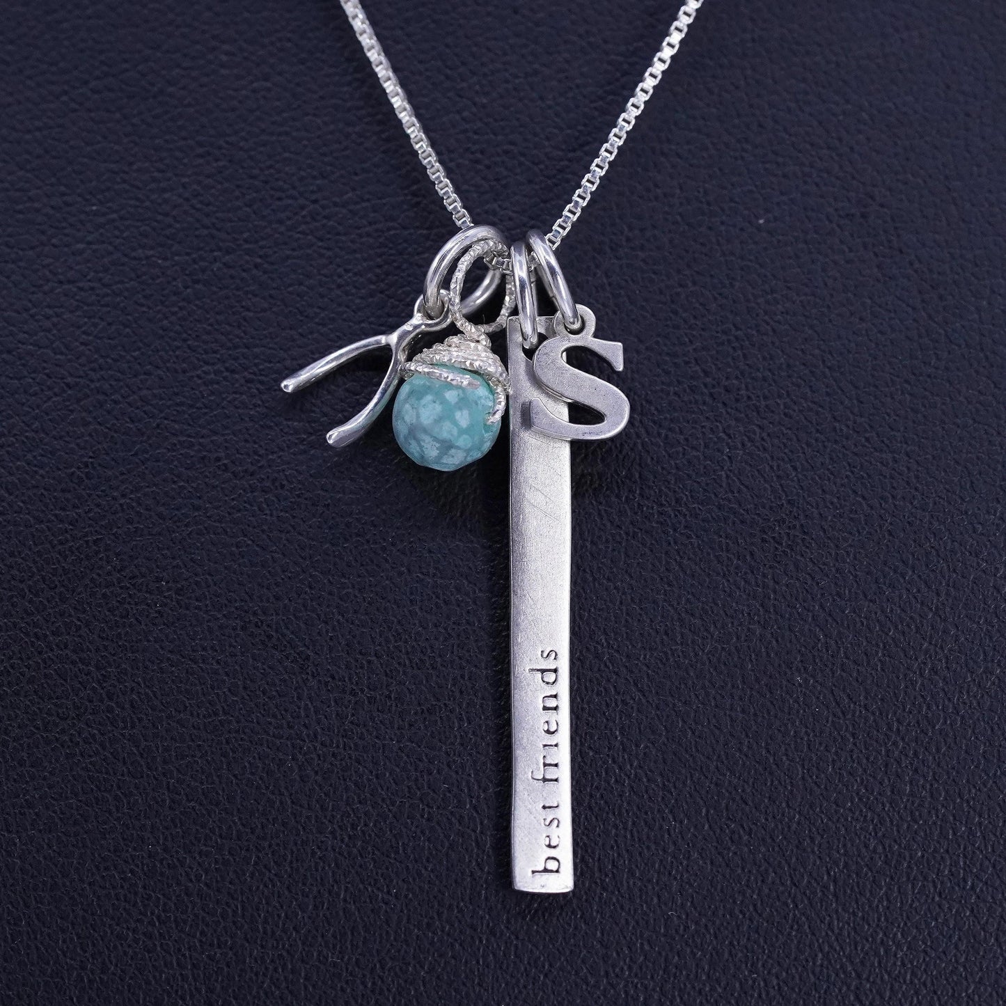 16”, Sterling 925 silver box necklace wishbone S best friends charms pendant