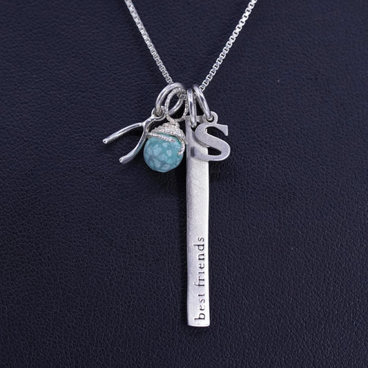 16”, Sterling 925 silver box necklace wishbone S best friends charms pendant