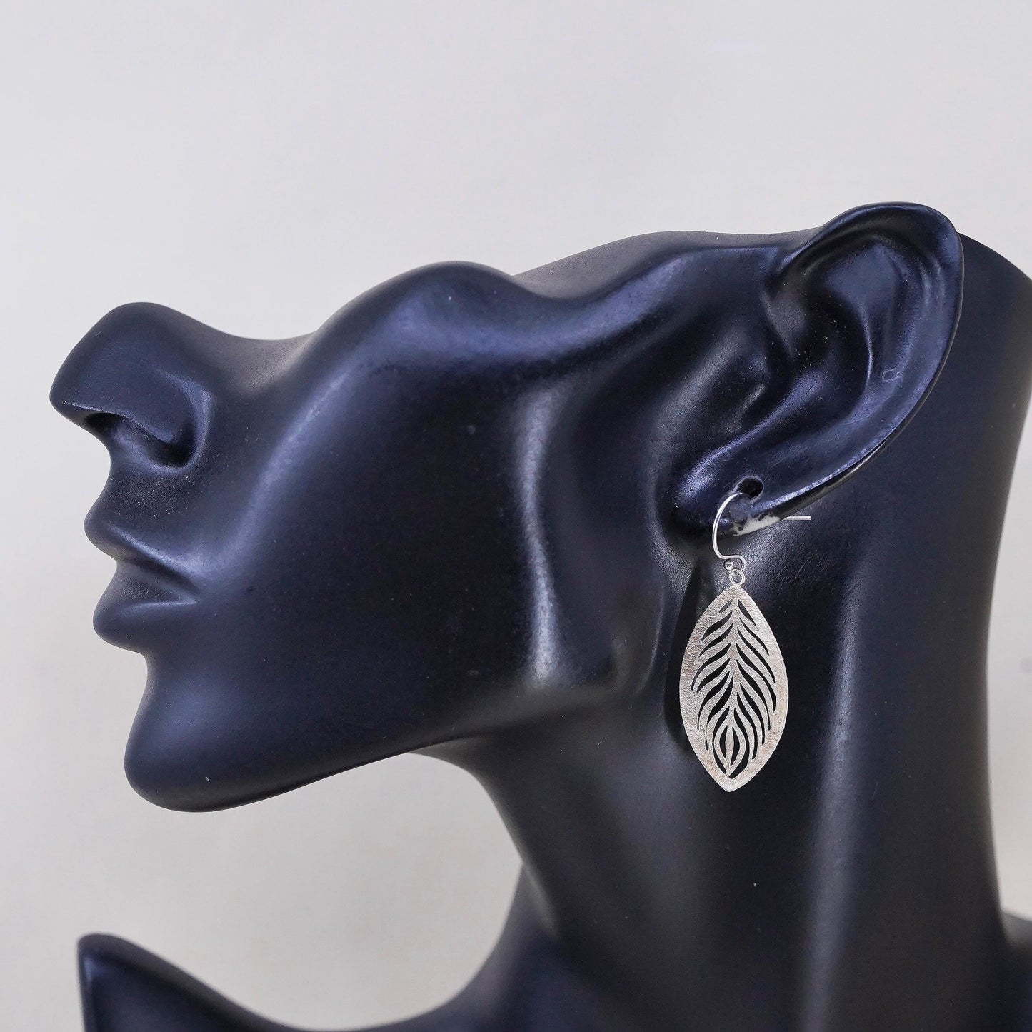 Vintage two tone Sterling silver handmade earrings, matte leaf openwork drops