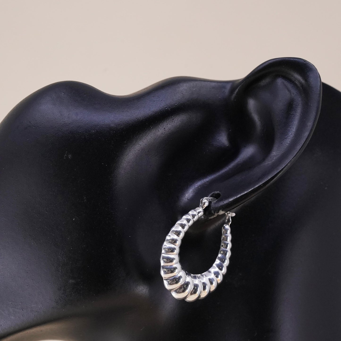 1.25", Vintage sterling silver loop single earring, ribbed primitive hoop