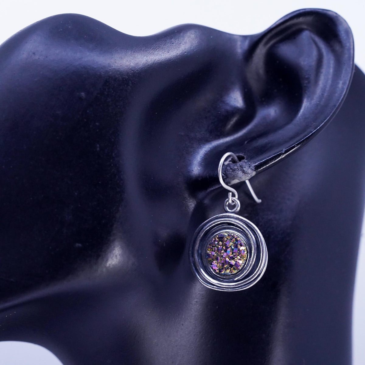 Vintage PZ Paz Israel Sterling Silver 925 disc earrings druzy rainbow pyrite