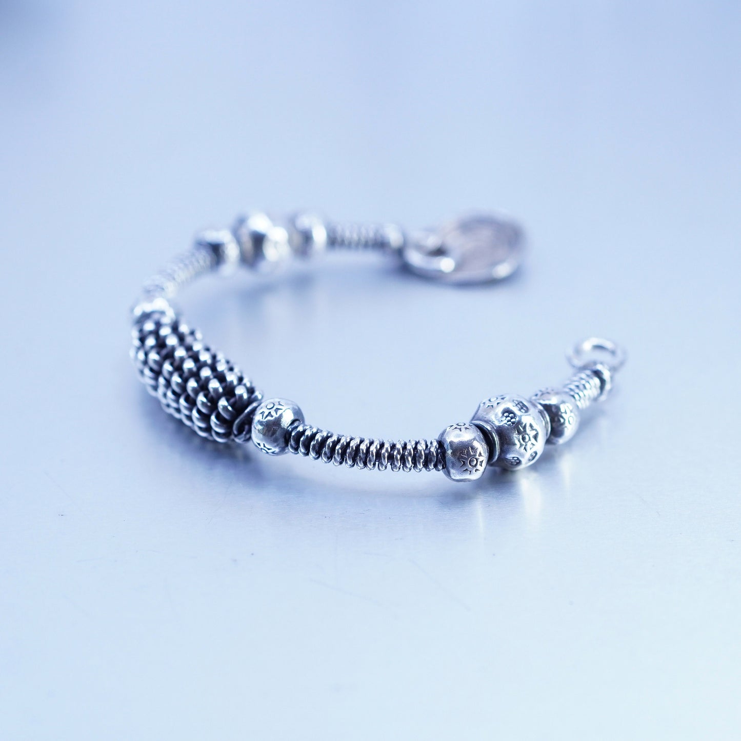 7.5”, Sterling 925 silver handmade bracelet, twisted cable cuff sprial charm