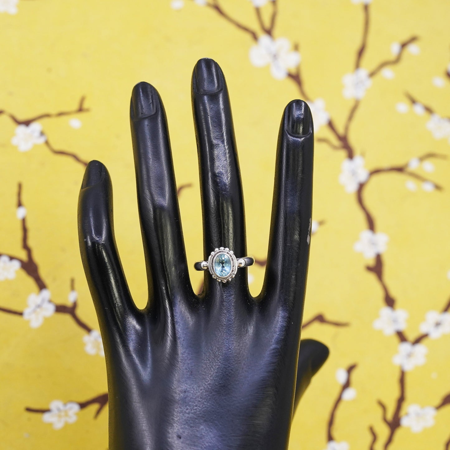 Size 7, vintage Sterling 925 silver handmade beaded ring with blue topaz