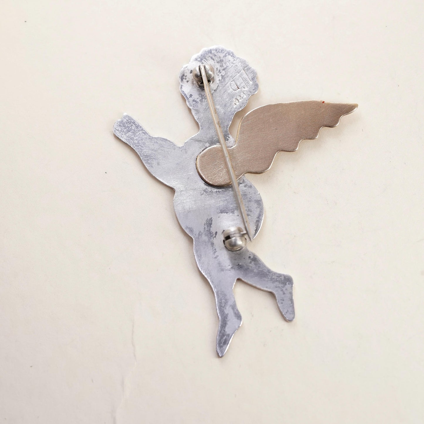 Vintage Sterling 925 Silver Signed DJI two tone angel brooch pin, brass wings