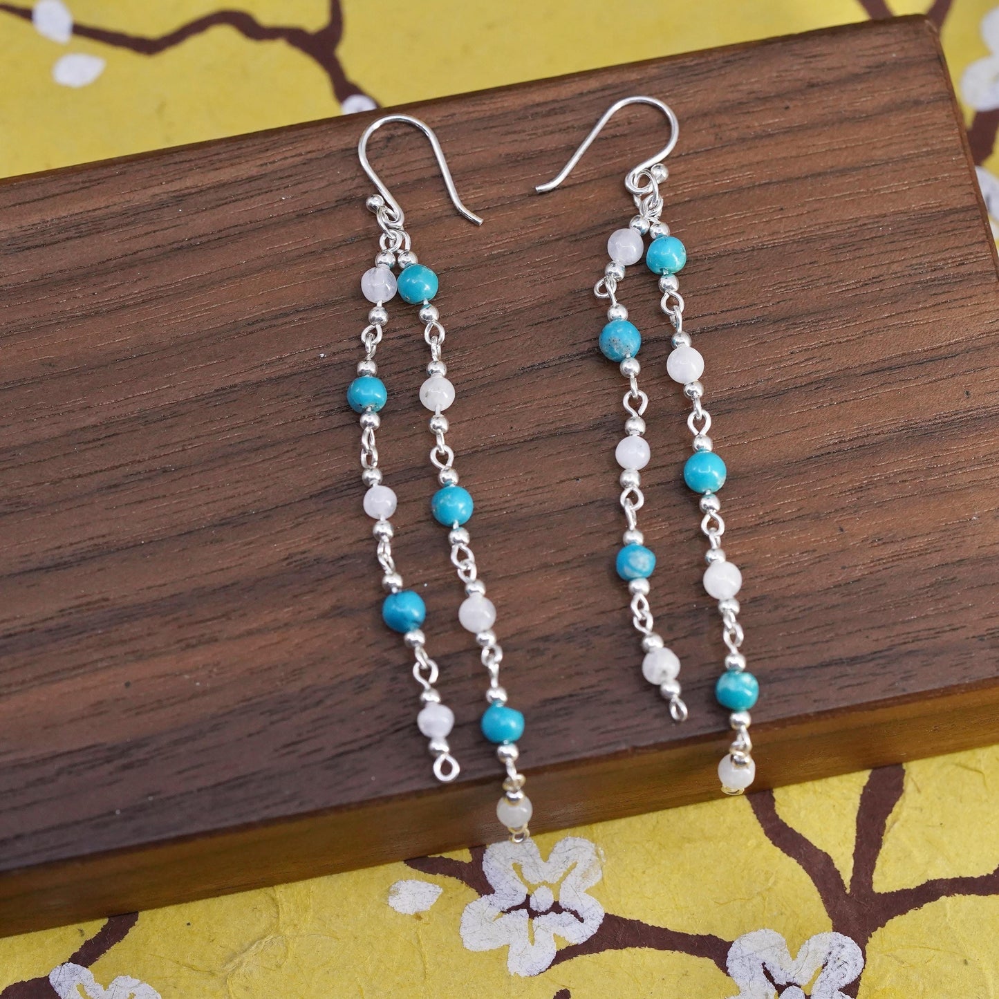 Vintage Sterling 925 silver handmade long earrings w/ turquoise moonstone bead