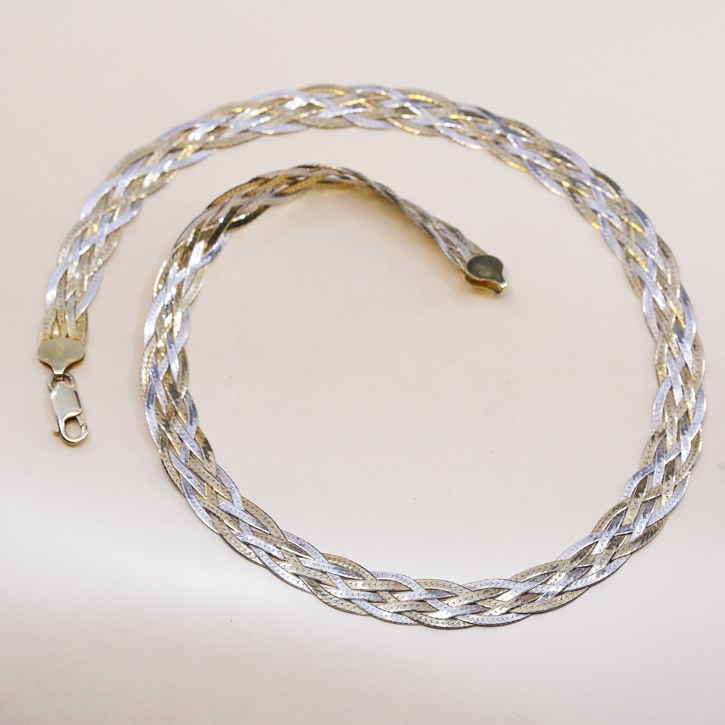 18", VTG vermeil gold sterling silver necklace, 925 braided herringbone chain