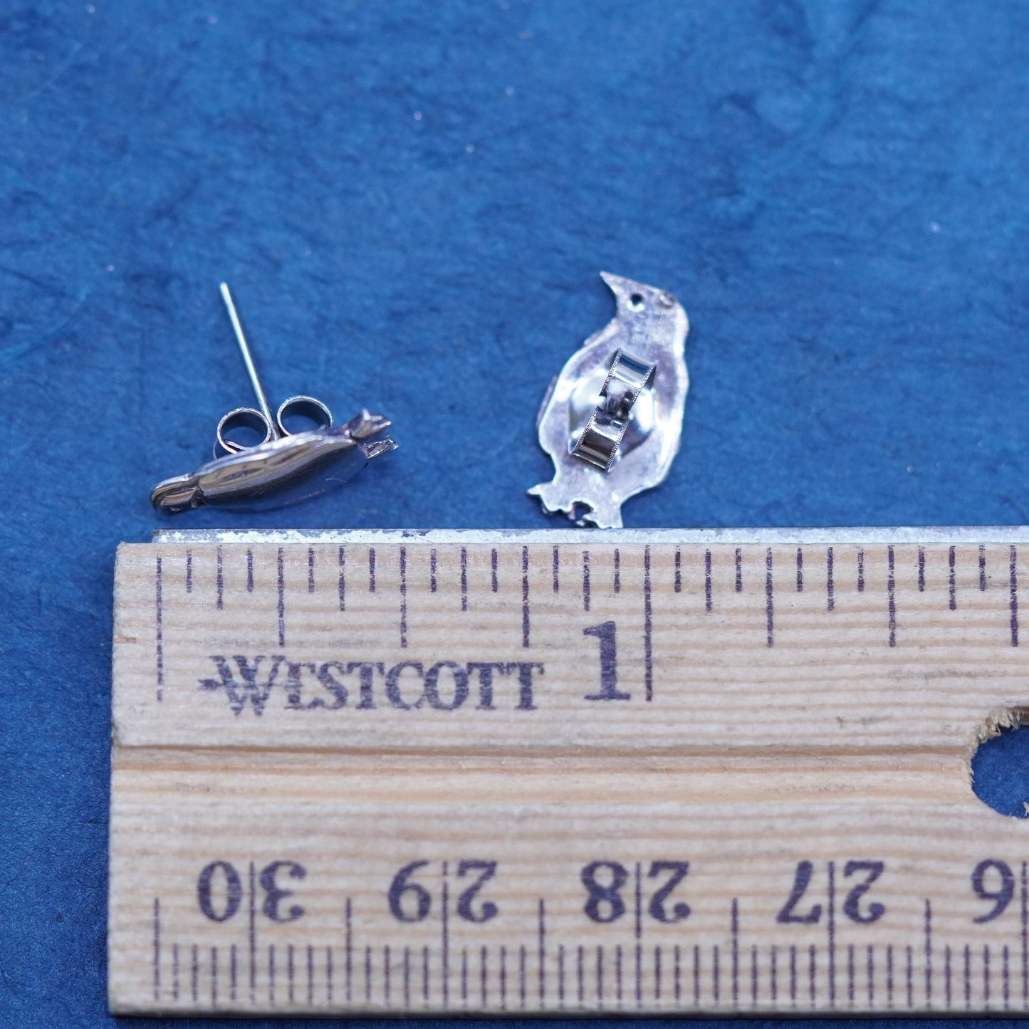 Sterling silver handmade textured penguin bird earrings, modern 925 studs