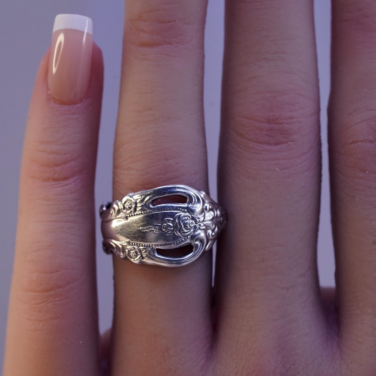 Size 5, vintage Sterling silver handmade ring, 925 flower spoon wrap band
