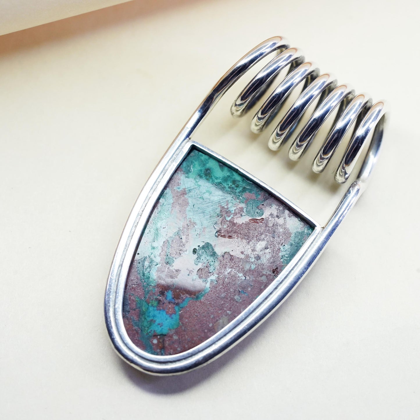 Vintage sterling 925 silver handmade spring pendant w/ Azurmalachite malachite