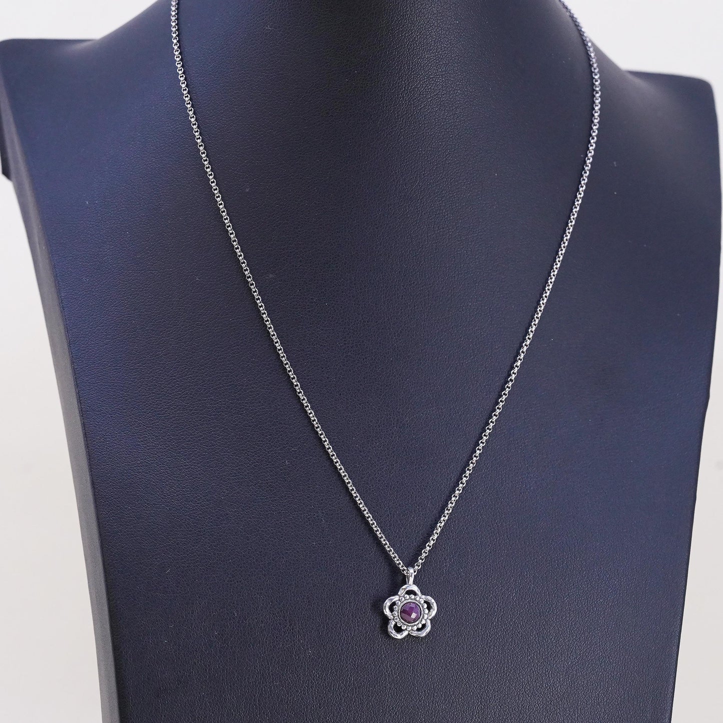 17", sterling silver necklace, 925 round box chain natural ruby flower pendant