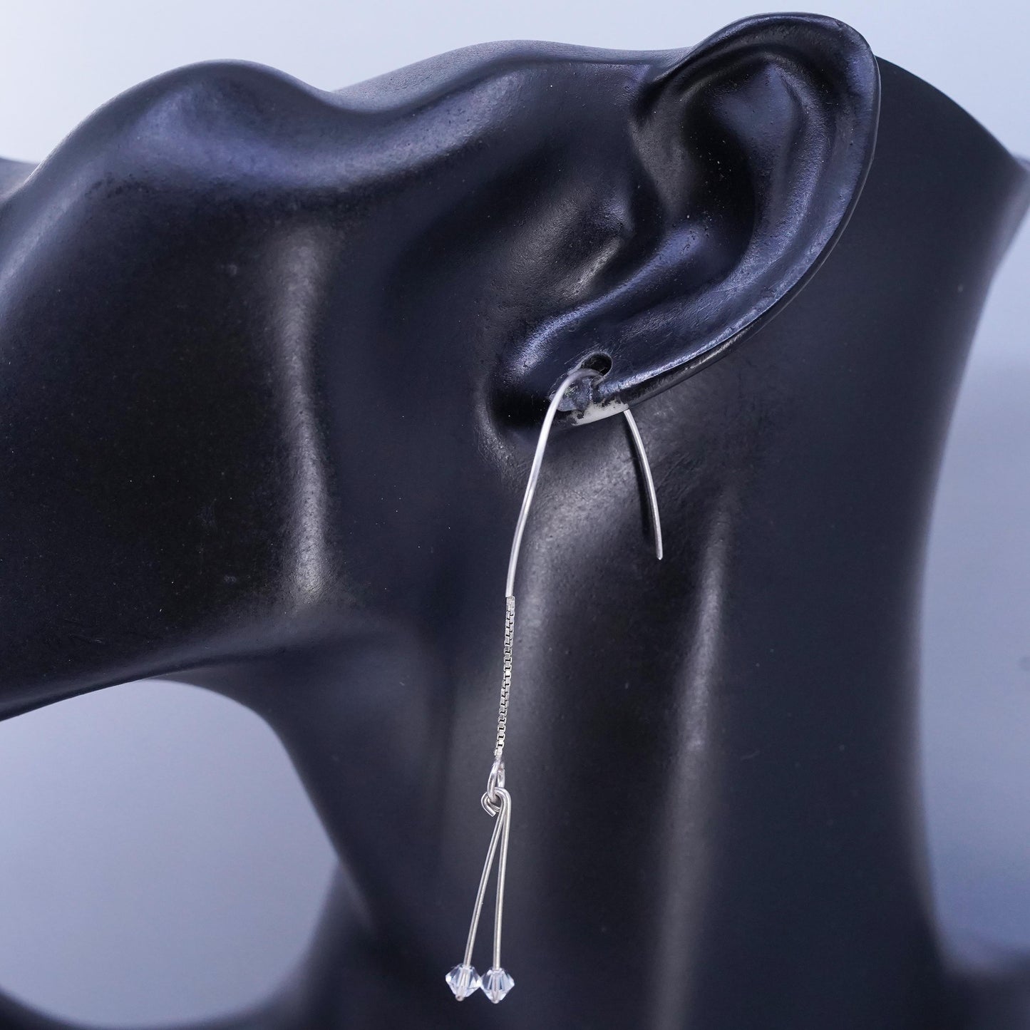 Vintage Sterling 925 silver handmade box chain fringe earrings clear crystal