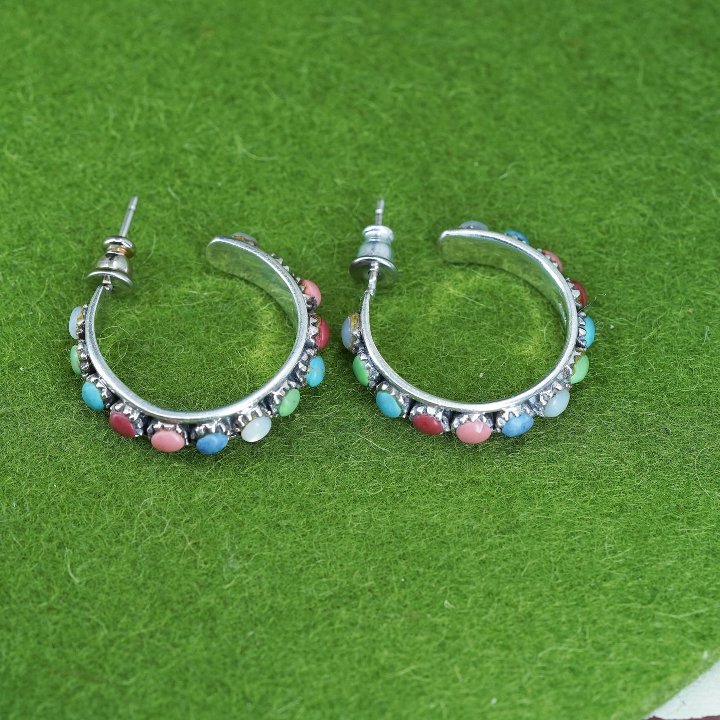 1”, southwestern Sterling 925 silver huggie hoops earrings turquoise obsidian