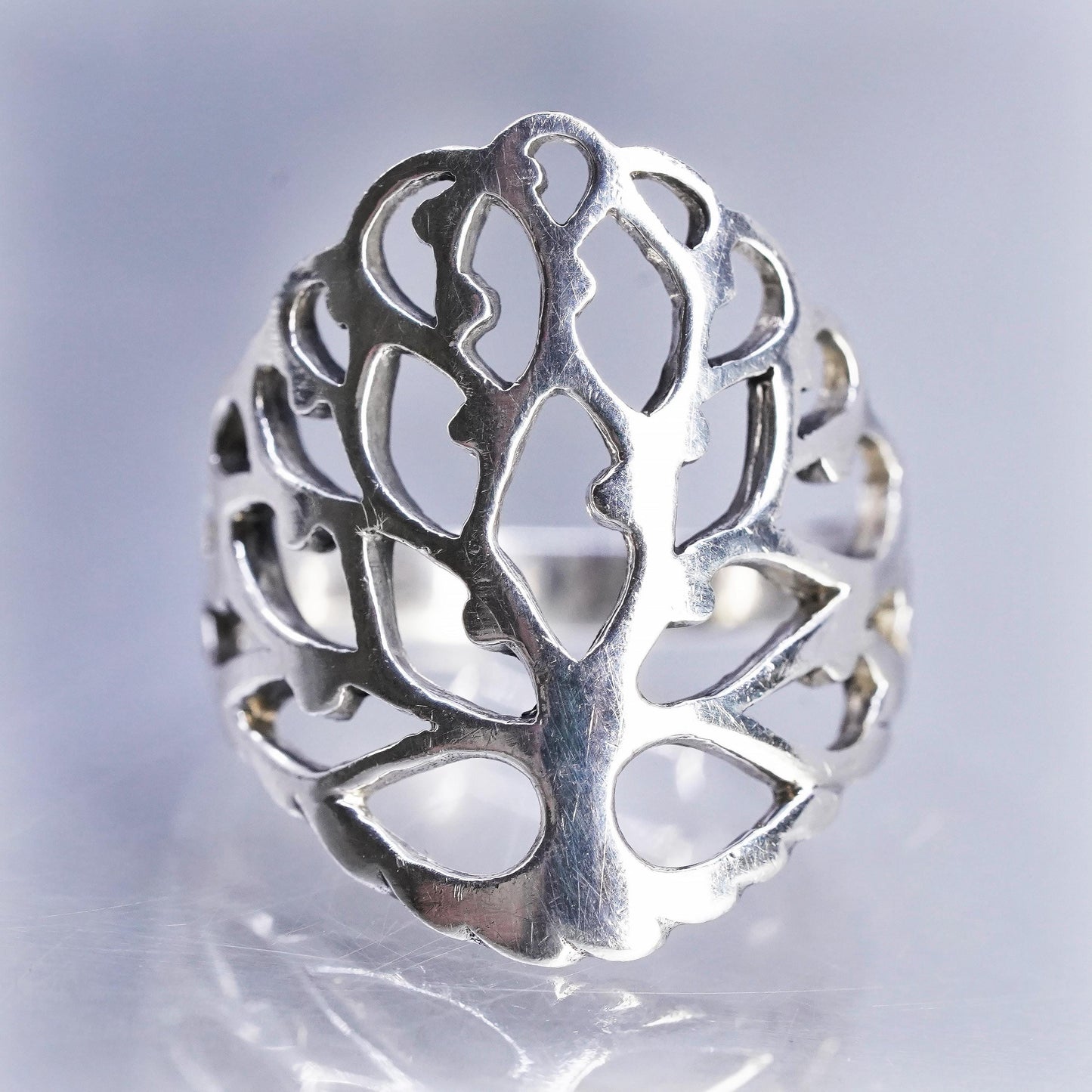 Size 8, Vintage Sterling 925 silver handmade filigree family tree ring