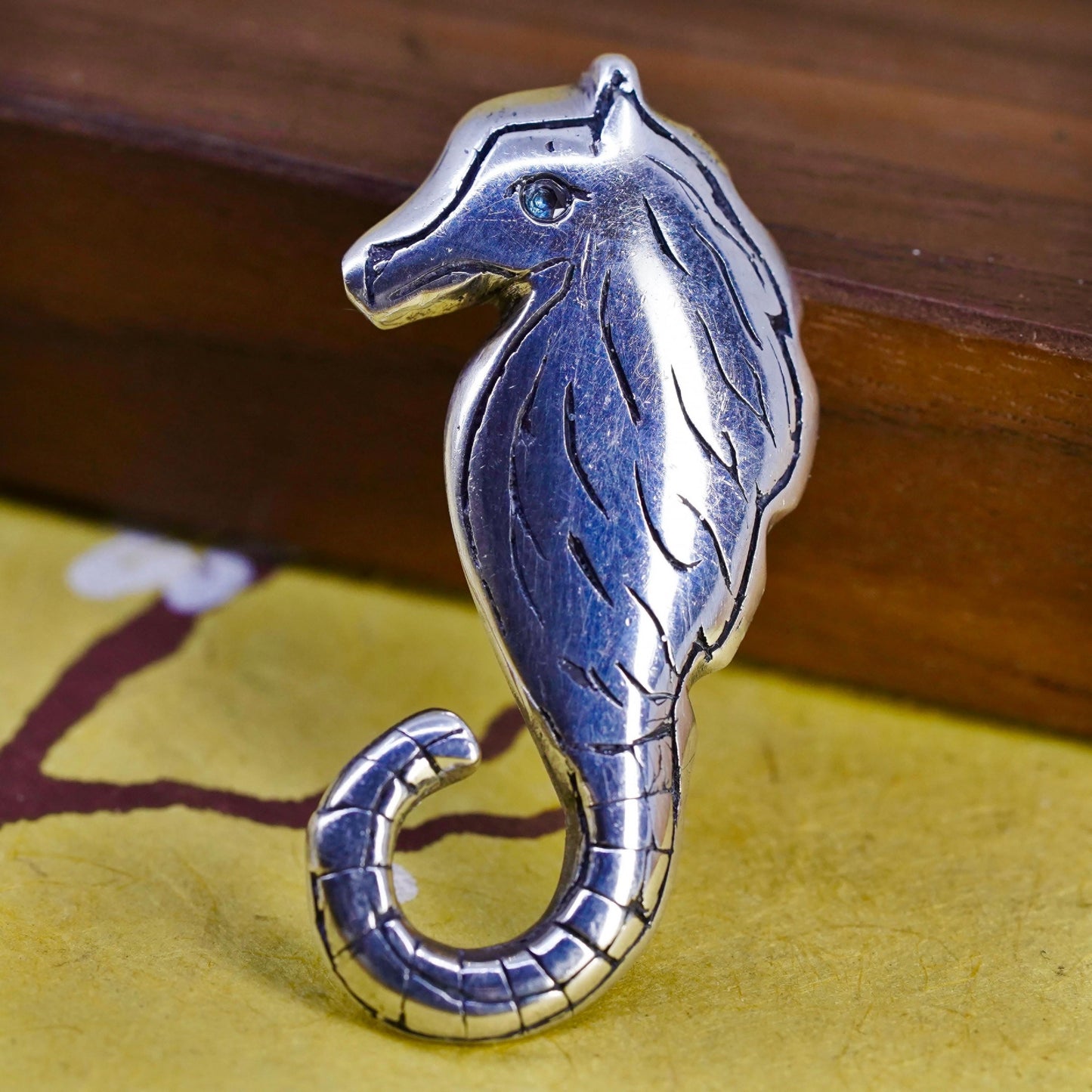 Vintage handmade sterling 925 silver seahorse brooch pin with blue topaz eye